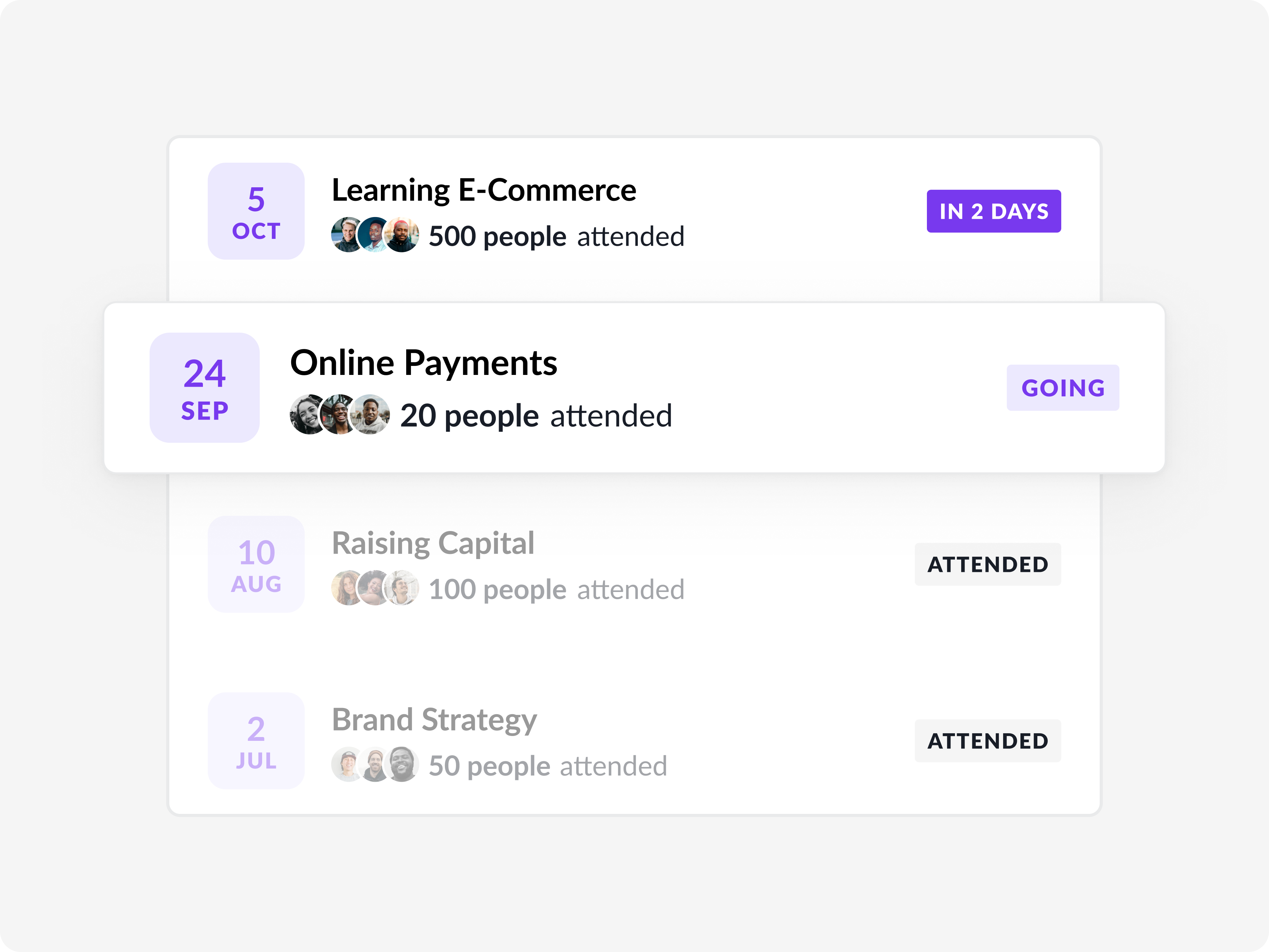 Heavy Chef events list with dates and attendance in the app